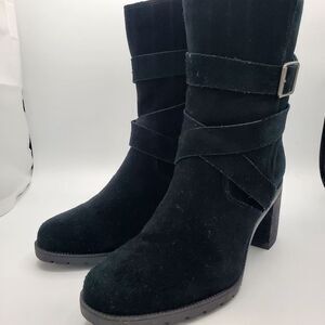 Clarks Artisan Collection Malvet Doris Buckle Black Suede Moto Boots Size 9.5